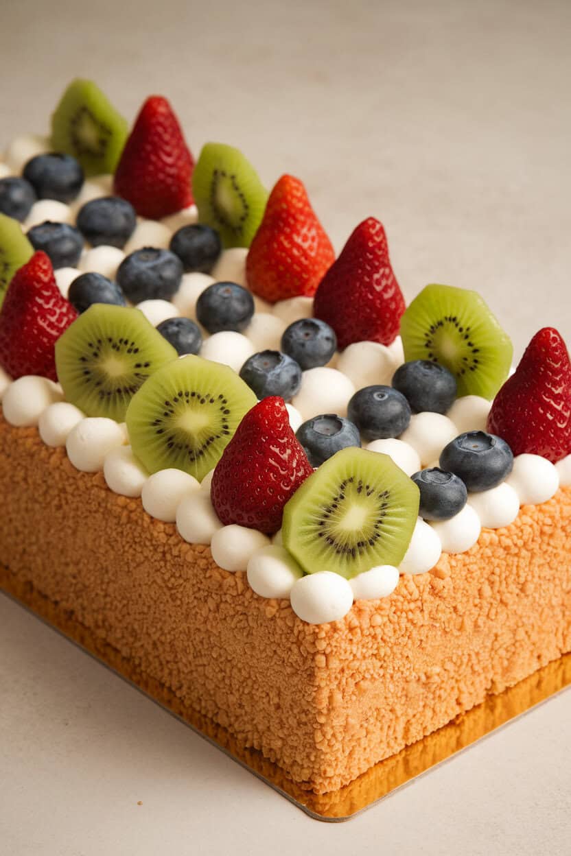 Indoor photo of a rectangular sponge base covered in pastry cream, decorated with kiwi stars, strawberry stripes, and blueberry canton, no text or logos