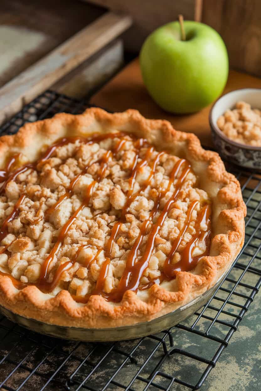 Indoors, a golden double-crust apple pie in a ceramic dish with caramel sauce drizzled on top, set on a cooling rack beside a green apple and a small bowl of crumble topping. No text or logos. Photo only.