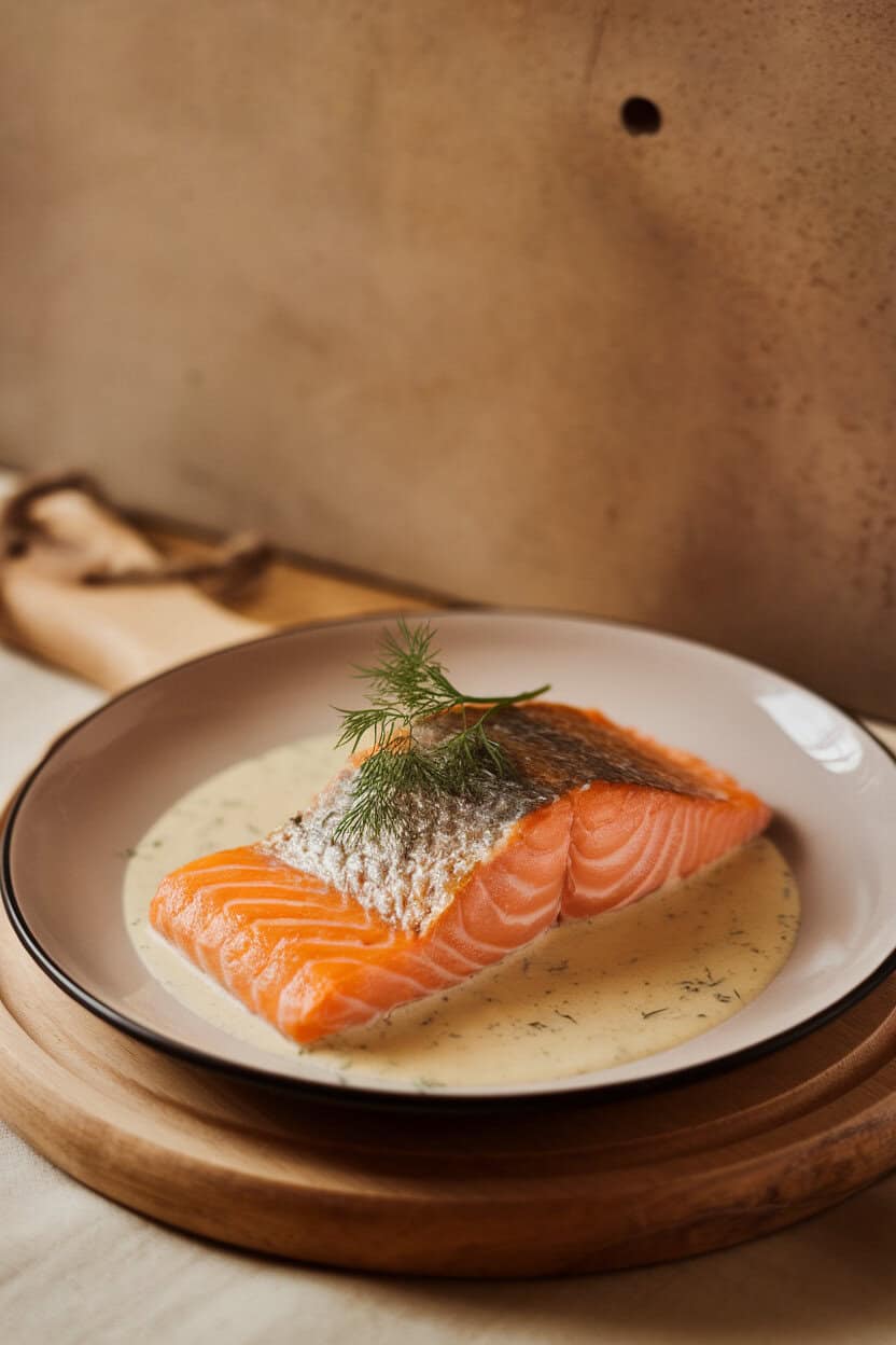 A warmly lit indoor plate featuring a salmon fillet, skin crackling golden, resting in a pale dill beurre blanc pool. No text or logos visible.