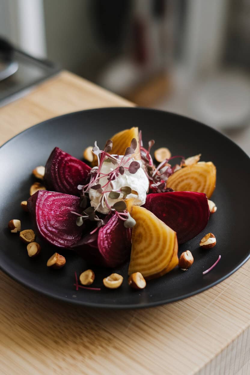 An indoor dining table with a matte black plate holding wedges of roasted red and golden beets, toasted hazelnuts, microgreens, and a dollop of whipped feta. No text or logos; photo, not illustration.