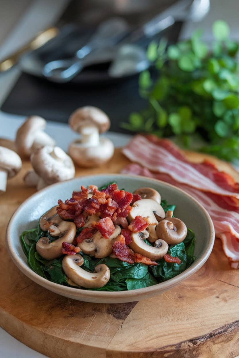An indoor stovetop shot of sautéed cremini mushrooms spooned over baby spinach in a shallow bowl, topped with crisp bacon bits. No logos or text. Photo.