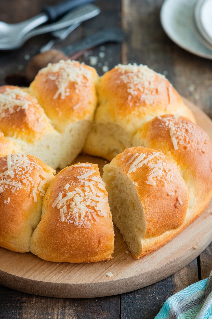 An indoor breadboard with a round pull-apart loaf, each piece brushed in garlic butter and sprinkled with Parmesan, one section pulled loose. No logos or text visible. Photo.</Prompt