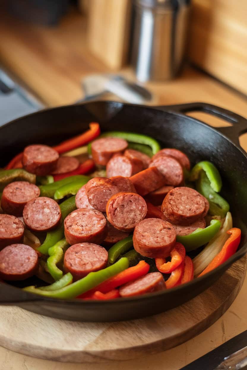 Indoor photo of sliced Italian sausage, red and green bell peppers, and onions in a cast-iron skillet. No text or logos. Photo, not illustration.