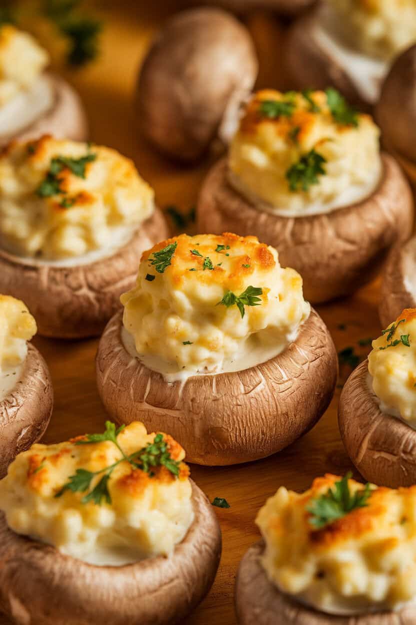 A warm indoor photo of button mushrooms overflowing with golden-brown cream-cheese filling, sprinkled with parsley. No text or logos present.