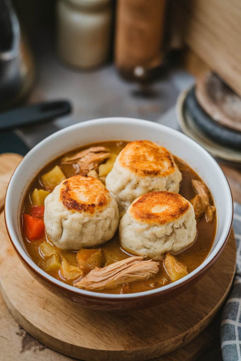 Indoor photo of a hearty bowl of chicken stew with fluffy dumplings floating on top, captured from a slight overhead angle. No text or logos. Photo, not illustration.