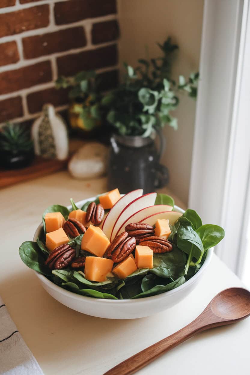 A cozy indoor dining nook with a white bowl of baby spinach, thin apple slices, cubes of sharp cheddar, and candied pecans, lightly glistening with dressing. No text or logos; photo, not illustration.