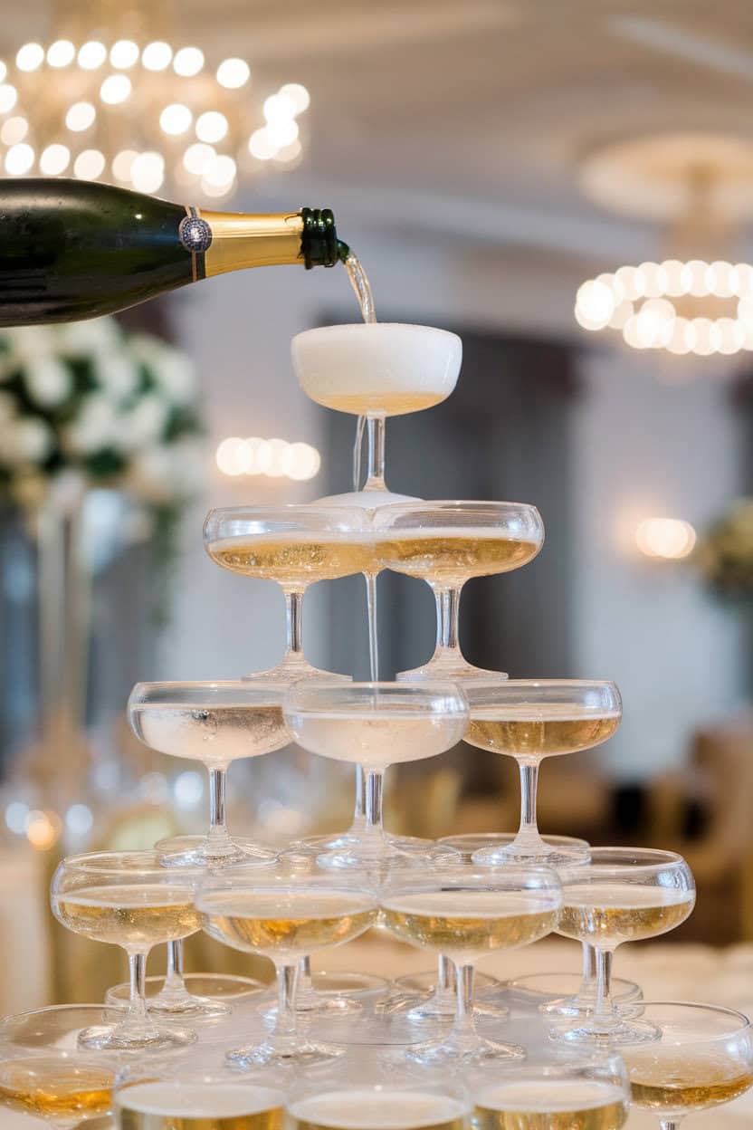 Indoor banquet table holding a five-tier pyramid of coupe glasses mid-pour, champagne cascading downward, no text or logos visible.