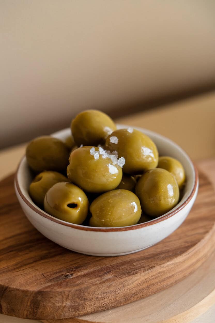 Indoor photo of a small ceramic dish filled with glossy green Castelvetrano olives, a sprinkle of sea salt visible. No text or logos.