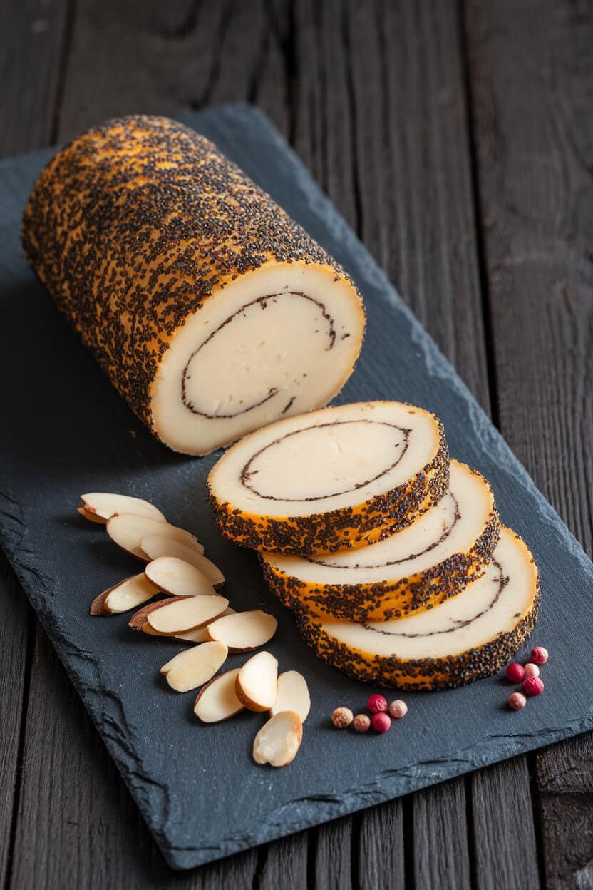 Indoor photo of a goat cheese log rolled in black sesame seeds, sliced into rounds and staggered on a slate board. No text or logos visible.