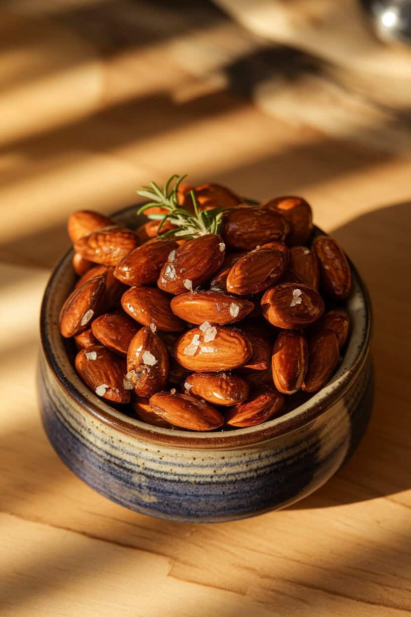 Indoor ceramic bowl filled with glossy roasted Marcona almonds coated in rosemary and sea salt, subtle shadows from warm overhead light. No text or logos.
