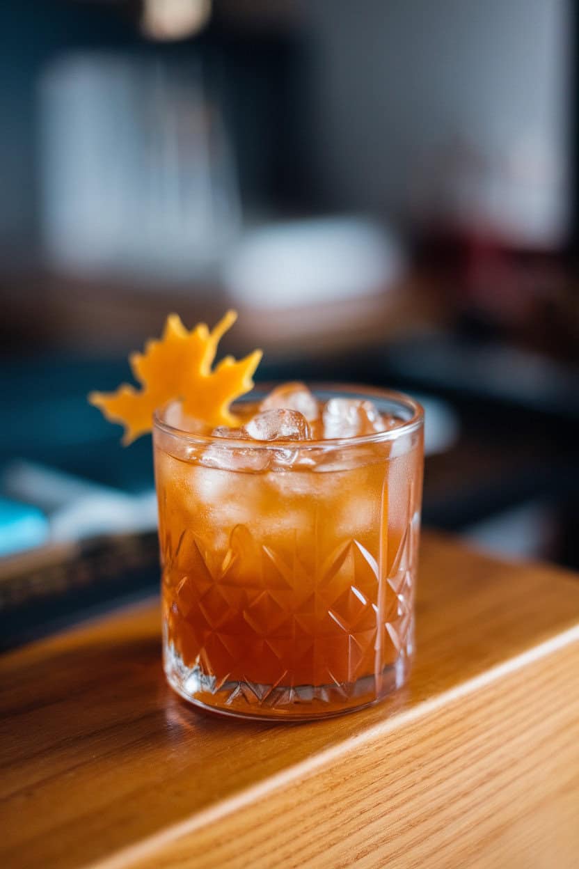 Rocks glass containing amber bourbon smash with crushed ice, maple leaf-shaped orange zest garnish. Indoor photo, no branding.