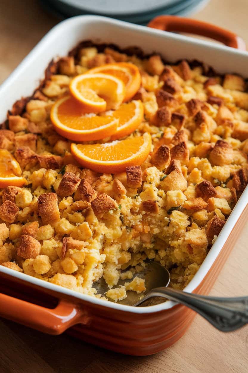 A ceramic baking dish of cornbread dressing with a crunchy golden top, a serving spoon resting at one corner, shot indoors. No text or logos. Photo, not illustration.