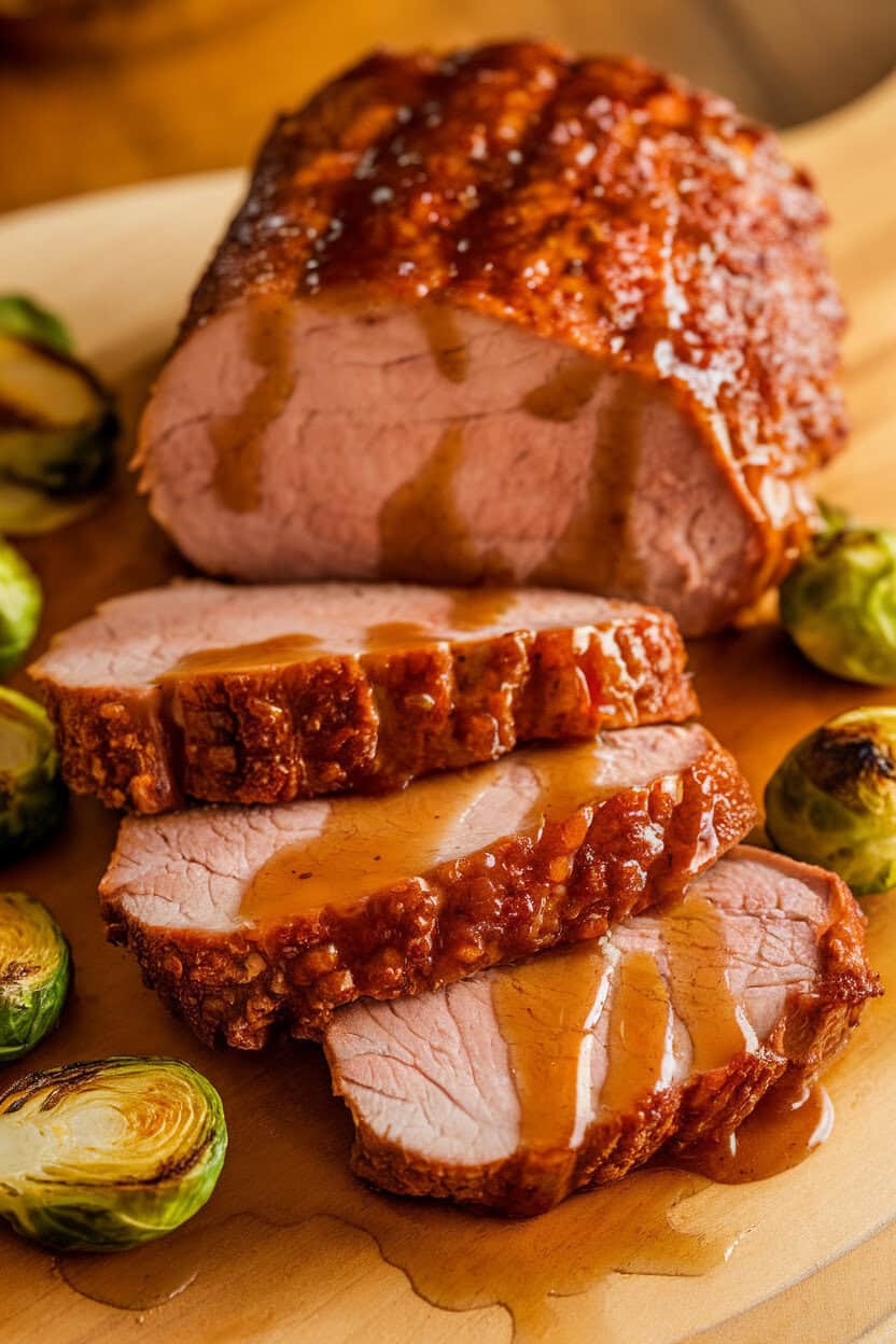 Sliced pork tenderloin drizzled with glossy apple butter glaze on an indoor serving board, roasted Brussels sprouts nearby. No logos; photo, not illustration.