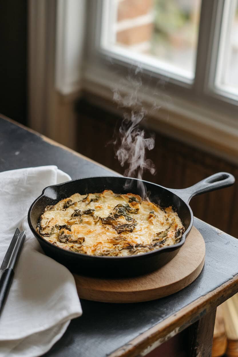 A small cast-iron skillet on an indoor table filled with bubbling spinach artichoke dip, wisps of steam rising like cauldron smoke. No text or logos. Photo only.