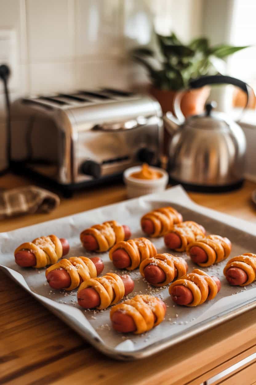 Warm indoor kitchen counter showing golden mini pretzel-wrapped hot dogs sprinkled with coarse salt on a parchment-lined baking sheet, small ramekin of mustard nearby, no text or logos, photo style