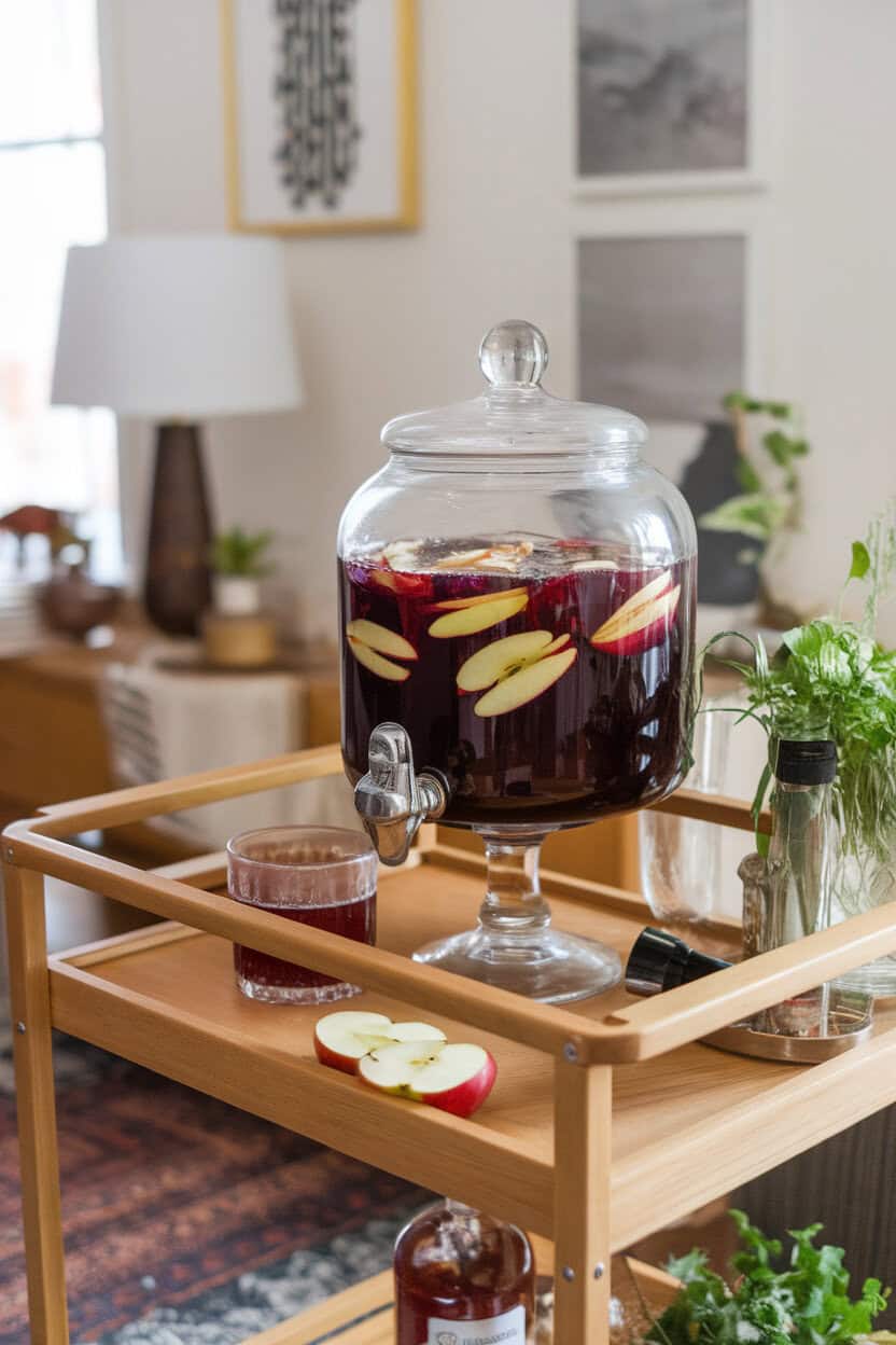 An indoor bar cart scene with a glass punch dispenser filled with dark purple cider, thin apple slices floating on top. No text or logos visible.