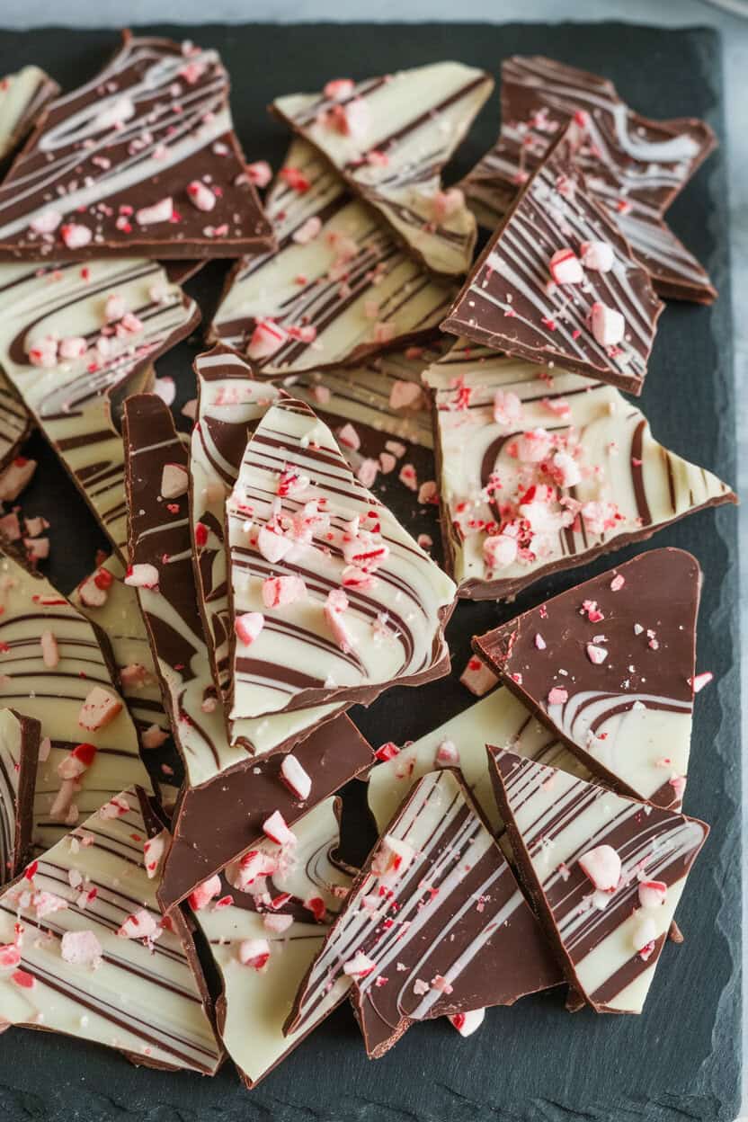 Layered dark and milk chocolate bark marbled with white chocolate and sprinkled with crushed peppermints, arranged on an indoor slate board. No text or logos. Photo, not illustration.