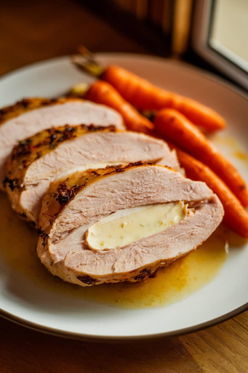 A warmly lit indoor plate with a sliced chicken breast revealing a creamy Brie filling, juices pooling slightly on the plate beside roasted baby carrots. No text or logos. Photo only.