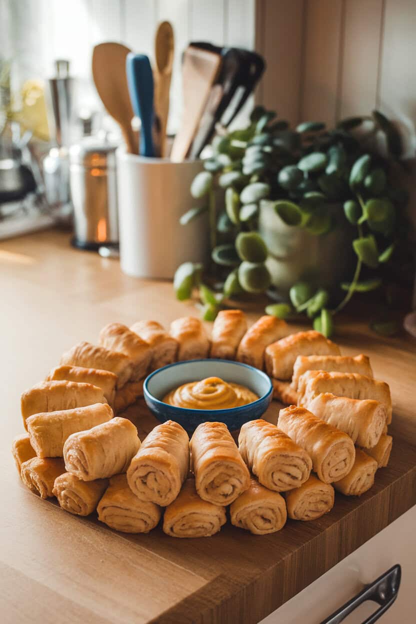 An indoor kitchen island photo of flaky bite-size sausage rolls arranged in a circle like a wreath, a small bowl of mustard dip glowing in the center. Soft warm lighting, no text or logos visible.