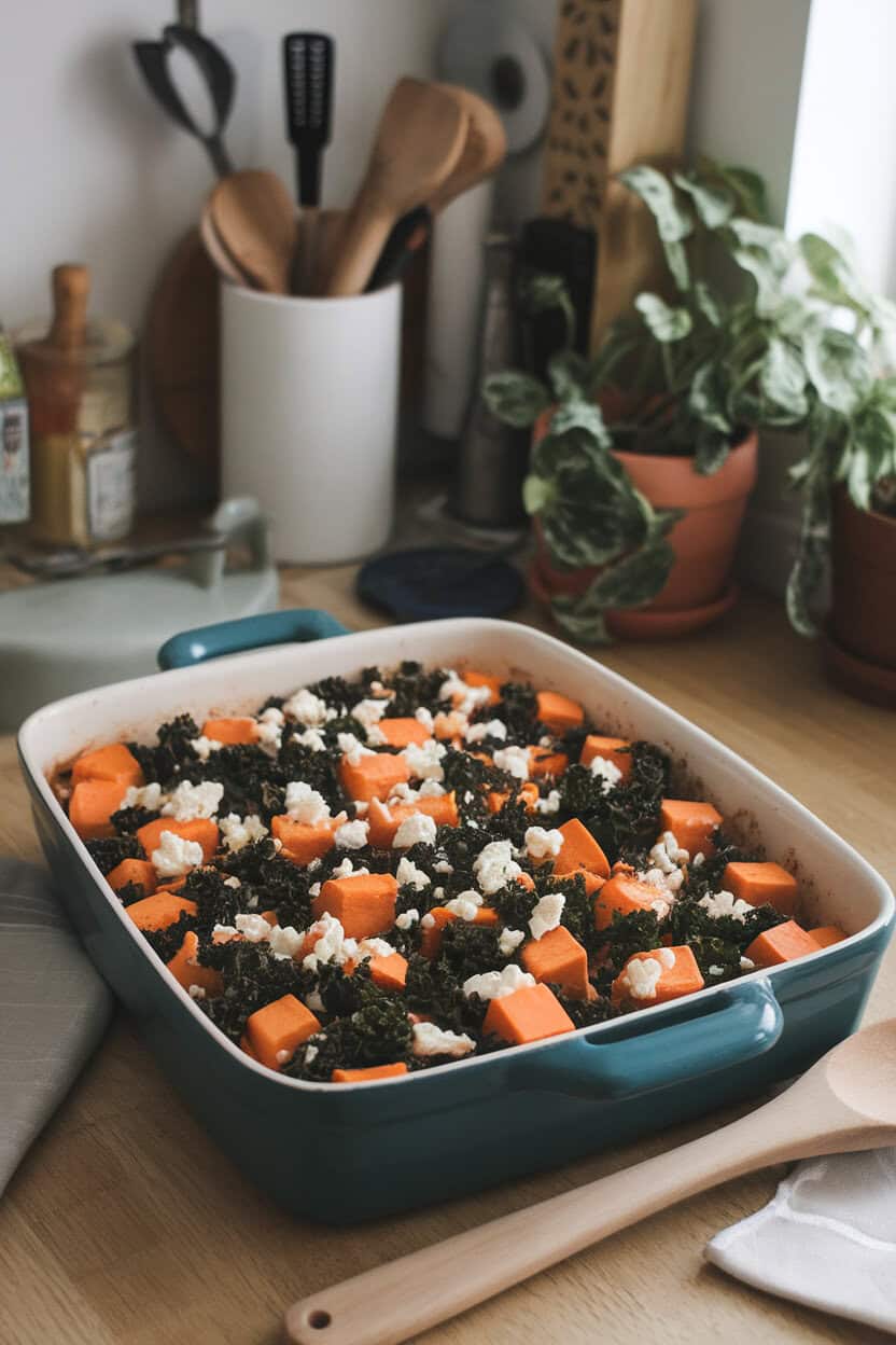 Cozy indoor kitchen counter with a casserole showcasing orange sweet potato cubes, dark green kale ribbons, and crumbled goat cheese flecks. No text or logos. Photograph.
