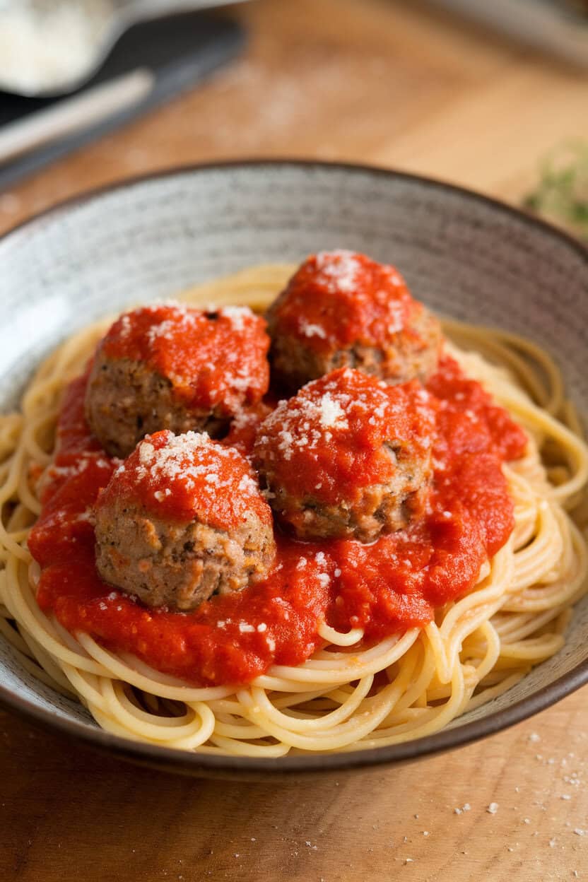 Shallow bowl of spaghetti topped with turkey meatballs coated in bright red marinara, grated Parmesan sprinkled on top, shot indoors, no text or logos.