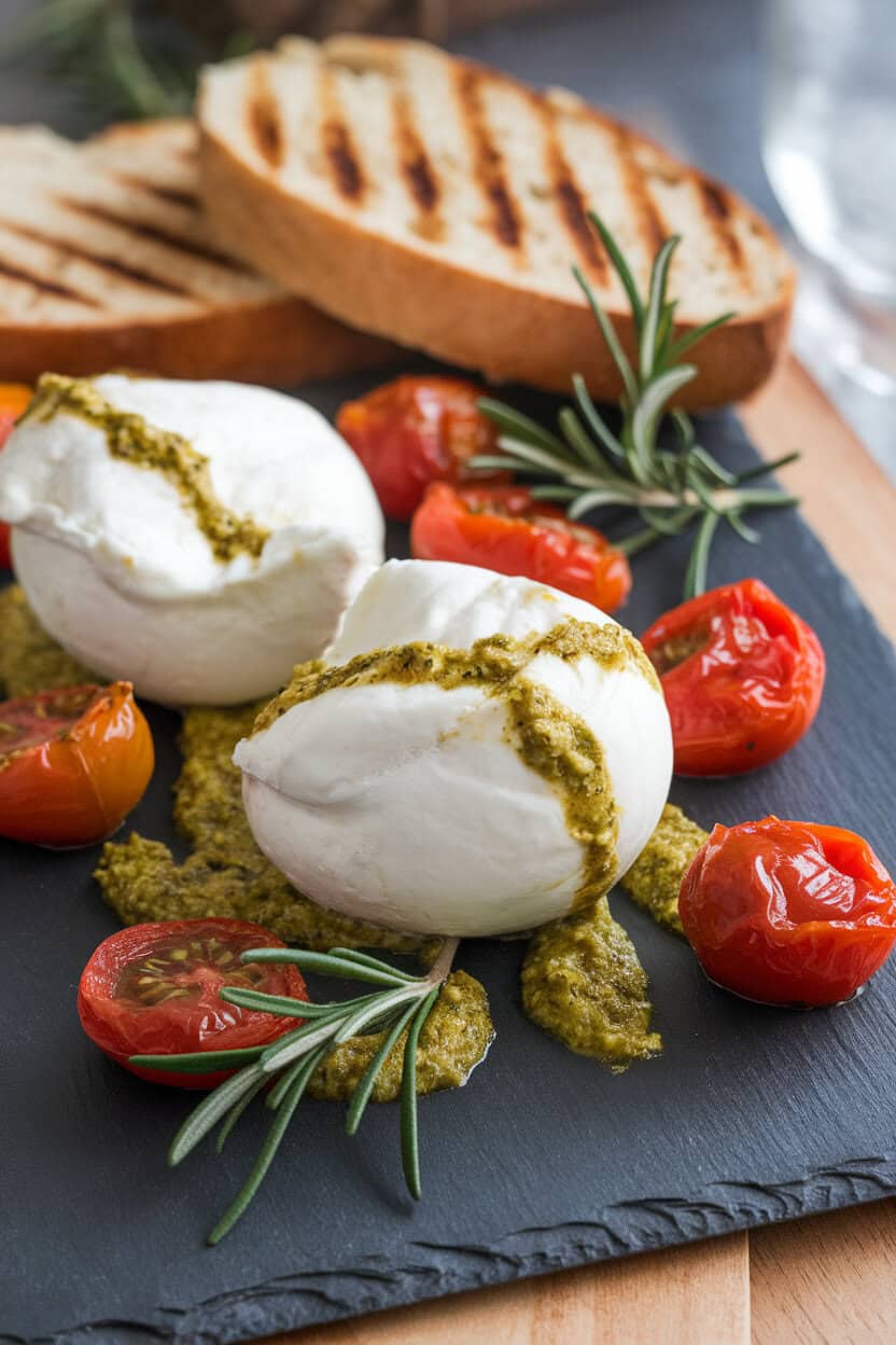 Indoor photo with torn burrata, basil pesto drizzle, roasted cherry tomatoes, and grilled bread on a slate board, garnished with rosemary sprigs. No text or logos. Photo, not illustration.