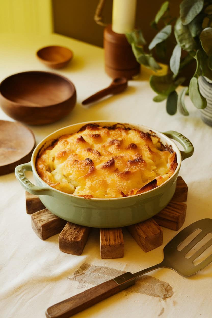 An indoor dining table featuring a bubbling casserole dish of golden potato au gratin, crispy cheese on top and a serving spatula to the side. Soft, yellow-tone lighting, no text or logos. Photo, not an illustration.