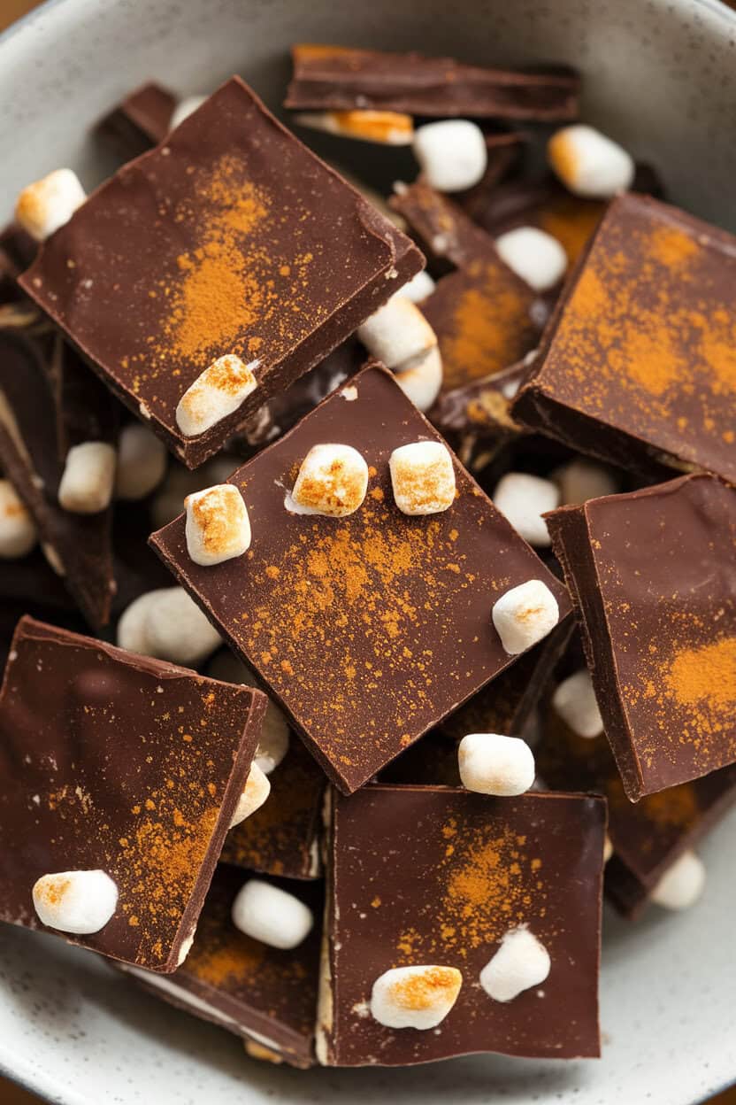 Indoor photo of dark-chocolate toffee sprinkled with cinnamon and a light pinch of chili powder, tiny marshmallow bits scattered. No text or logos.
