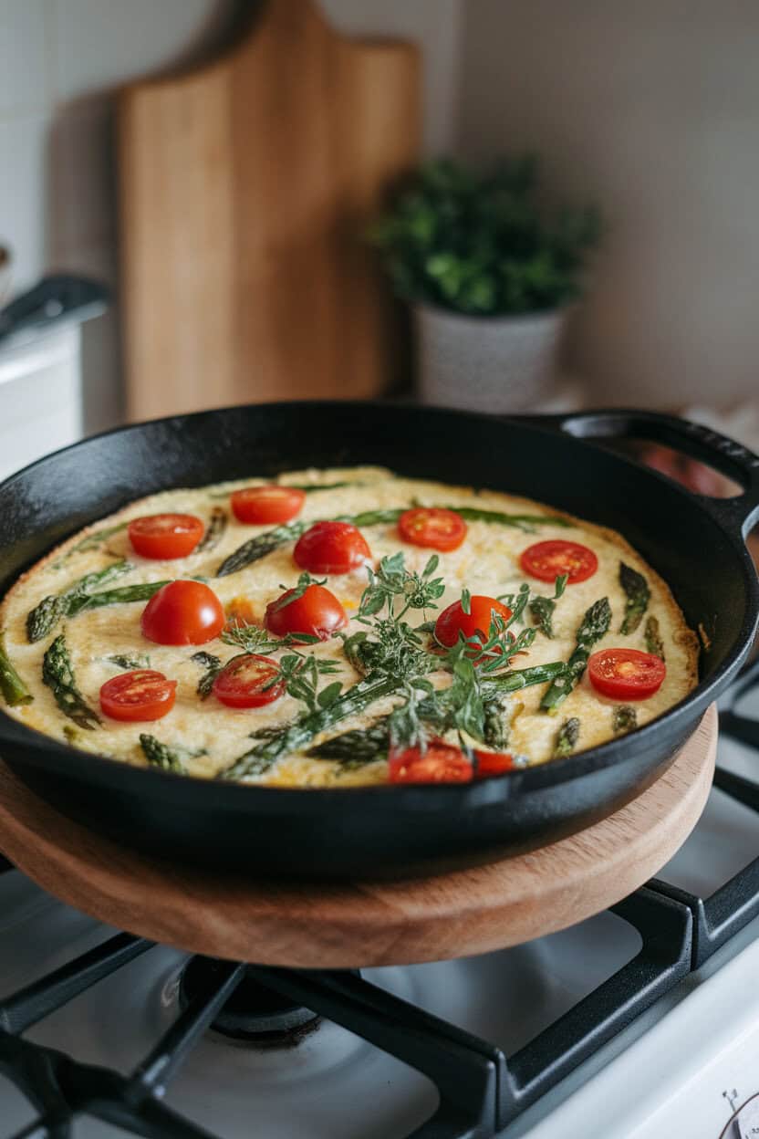 A cast-iron skillet on a stovetop holding a frittata dotted with asparagus, cherry tomatoes, and fresh herbs, photographed indoors under soft light. No text or logos present.