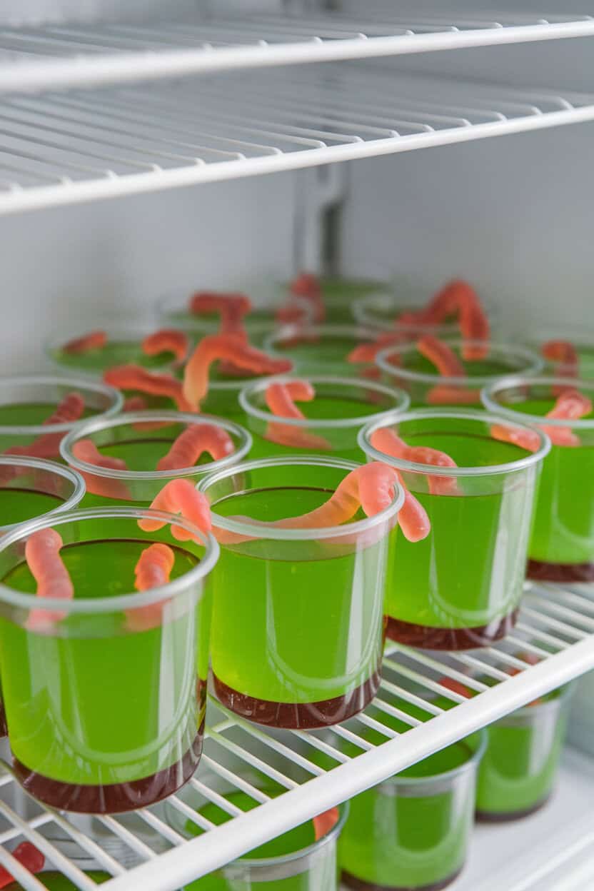 An indoor refrigerator shelf view of clear cups with bright green gelatin and gummy worms halfway submerged. No text or logos.