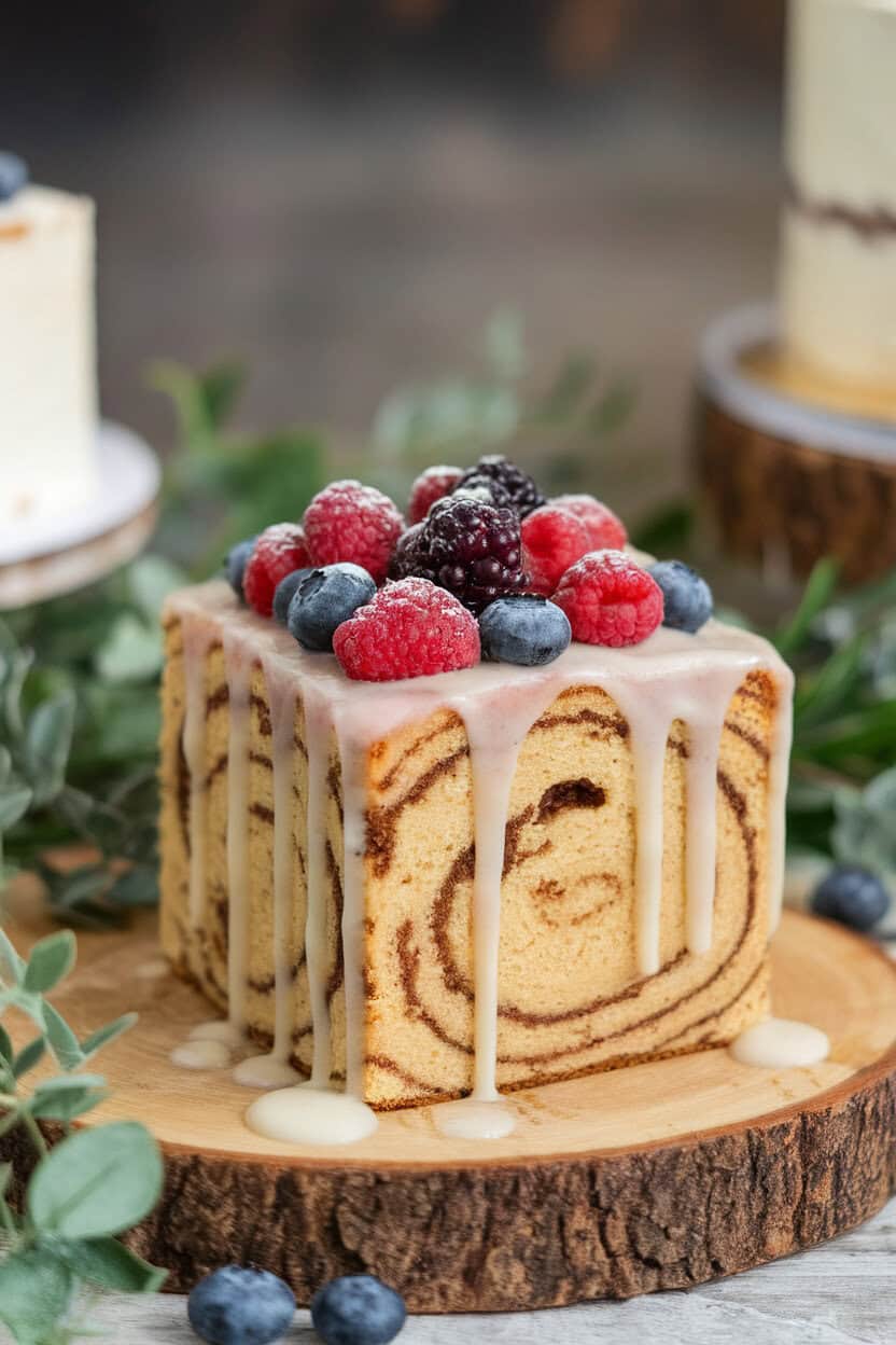 Indoor photo of a square cinnamon coffee cake with visible swirl and cream cheese drizzle, no text or logos