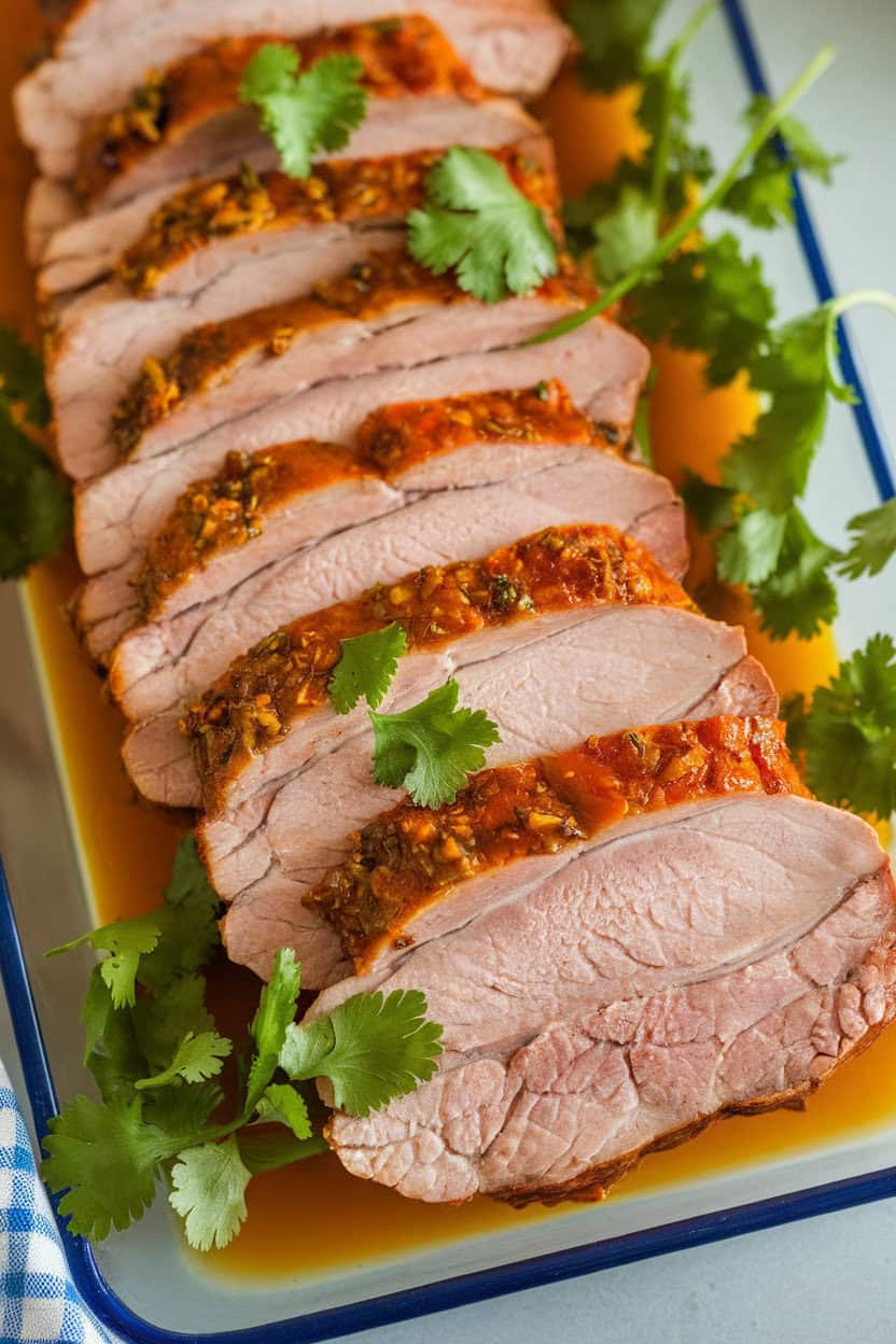 Indoor platter with mojo-marinated pork loin slices, bright orange marinade visible, cilantro sprigs sprinkled; no text or logos.