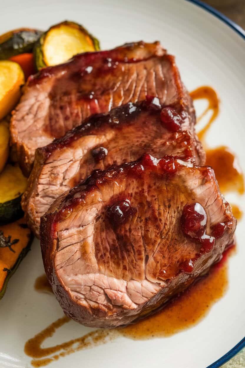 Indoor plate featuring deep purple plum-glazed pork loin medallions, extra sauce streaked artistically; no logos.