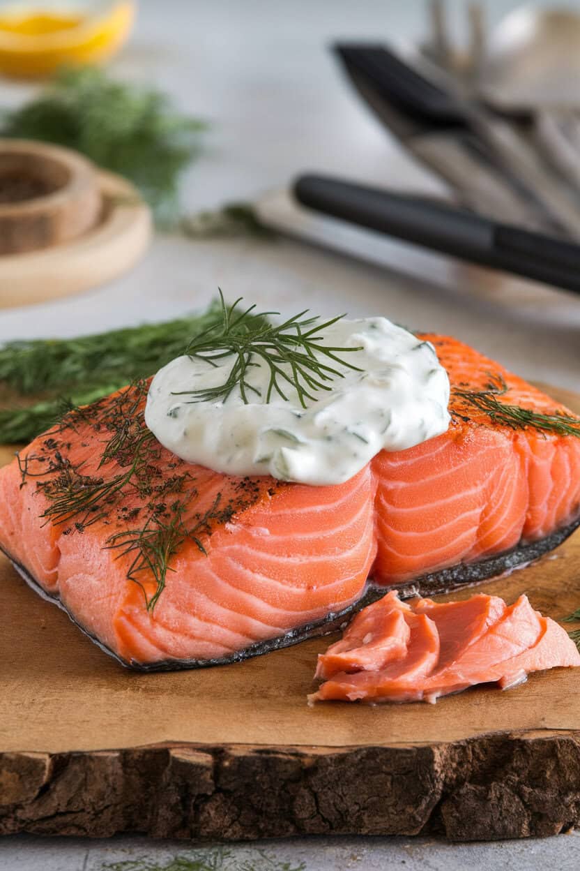 An indoor dining scene showing a seared salmon fillet topped with creamy dill yogurt sauce, flaked slightly to reveal moist pink flesh. No text or logos anywhere in sight.
