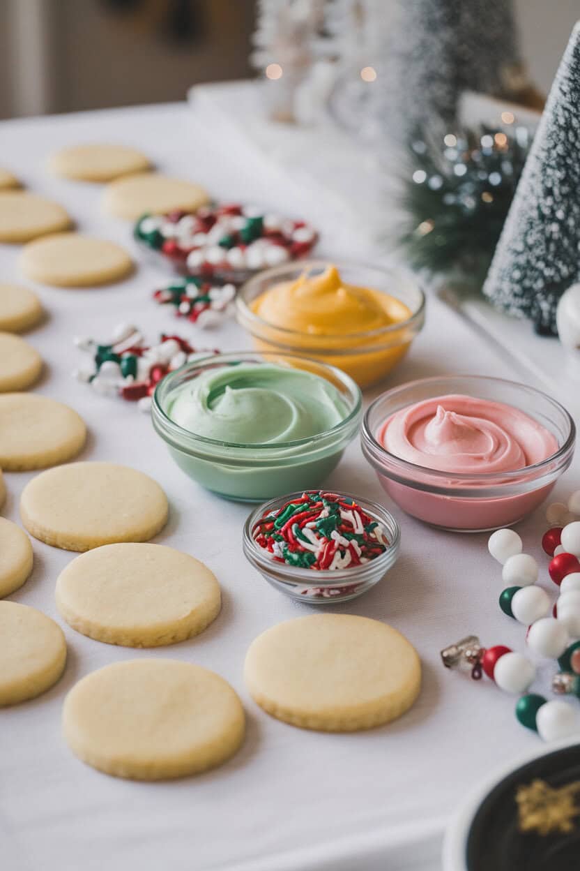 Indoor table with plain sugar cookies, small bowls of colored frosting, and holiday sprinkles ready for decorating. No text or brand names visible.