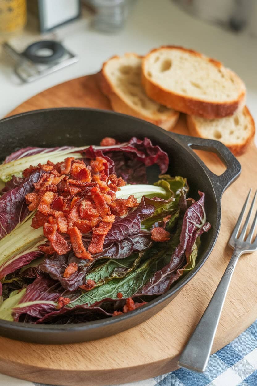 An indoor dining table showcasing a skillet of wilted escarole leaves coated in warm bacon vinaigrette with crispy bacon bits on top. No text or logos; photo, not illustration.