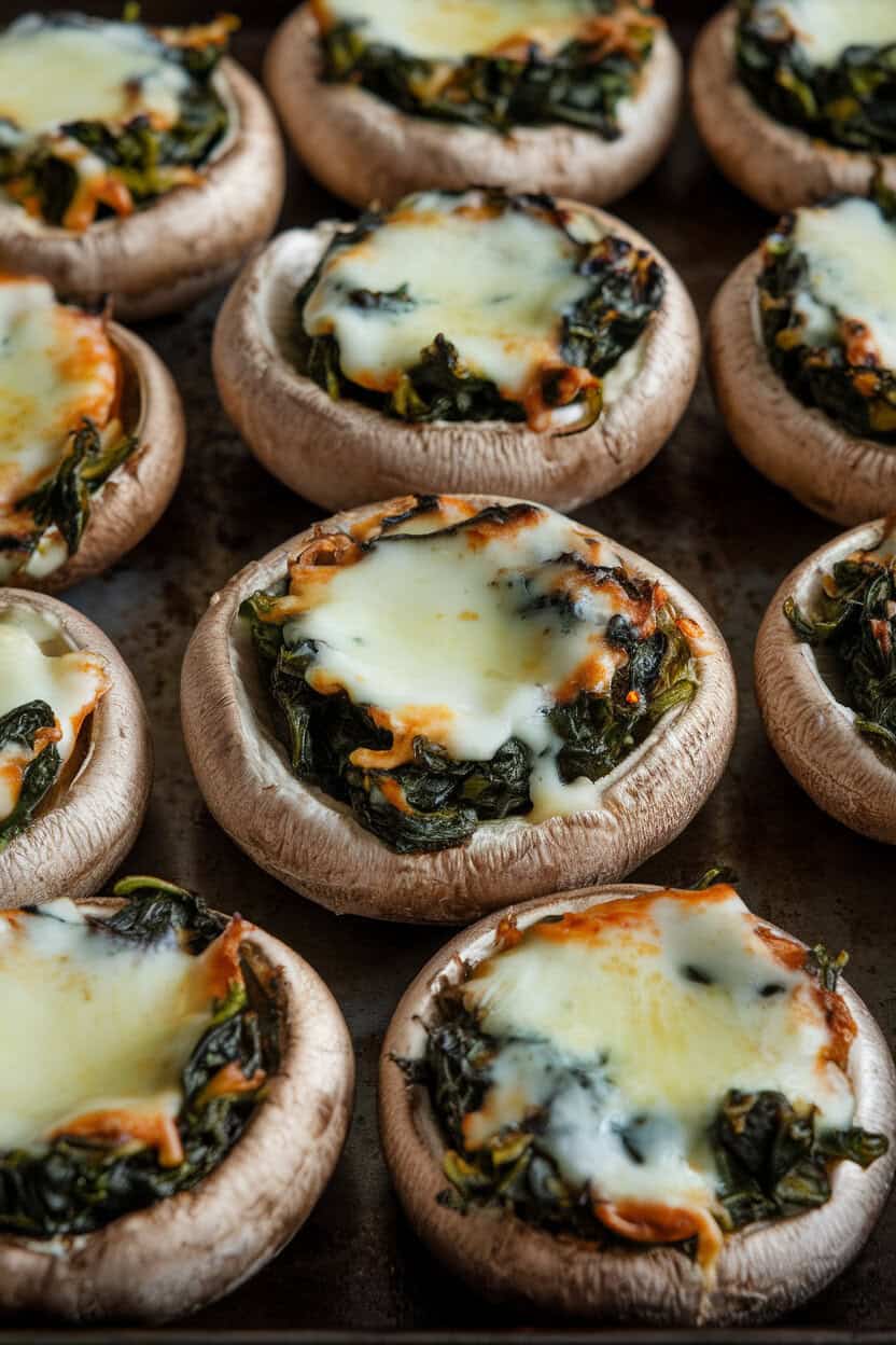 An indoor baking tray of large mushroom caps filled with spinach and melted Brie, edges lightly browned. No text or logos. Photo only.