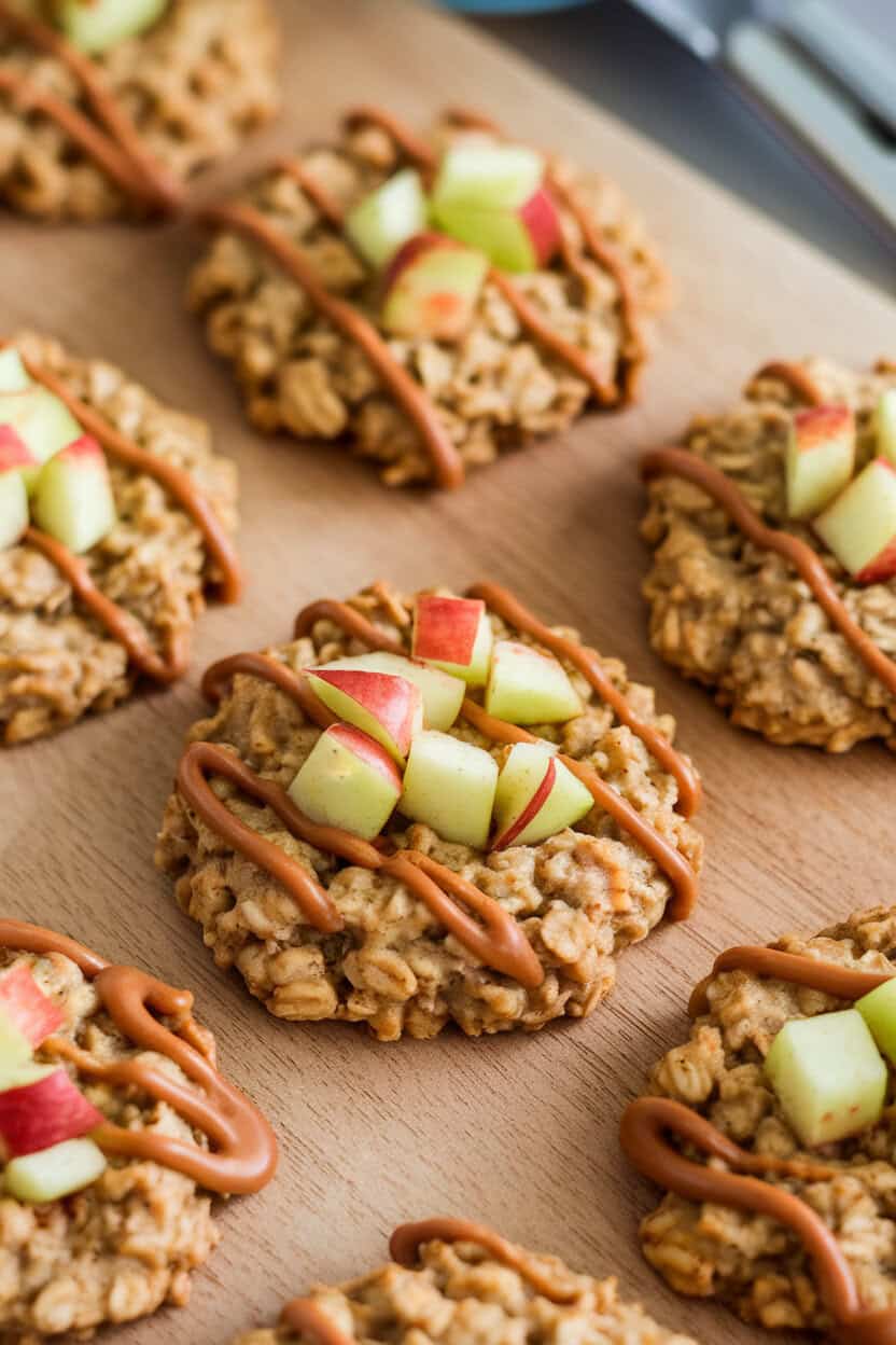 Indoor scene with oatmeal cookies drizzled with caramel, diced apple pieces visible, no logos or text.