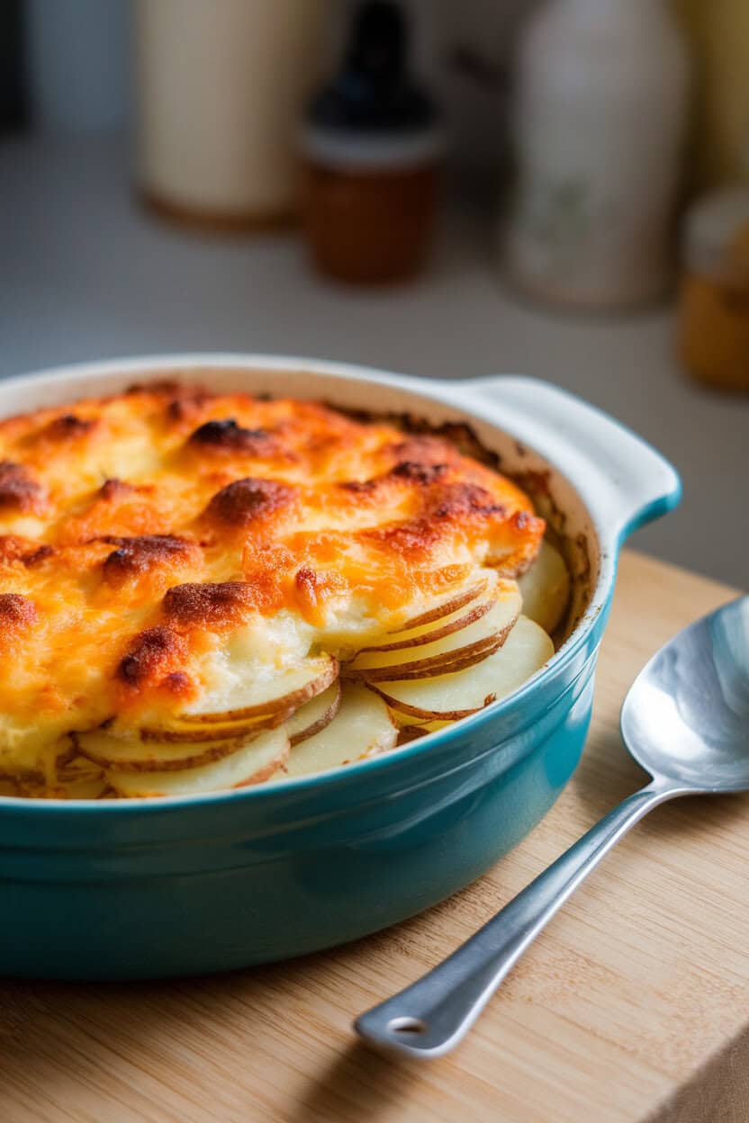 An indoor casserole dish with layered potato rounds under a bubbling, browned cheese crust, serving spoon at the ready. No text or branding.
