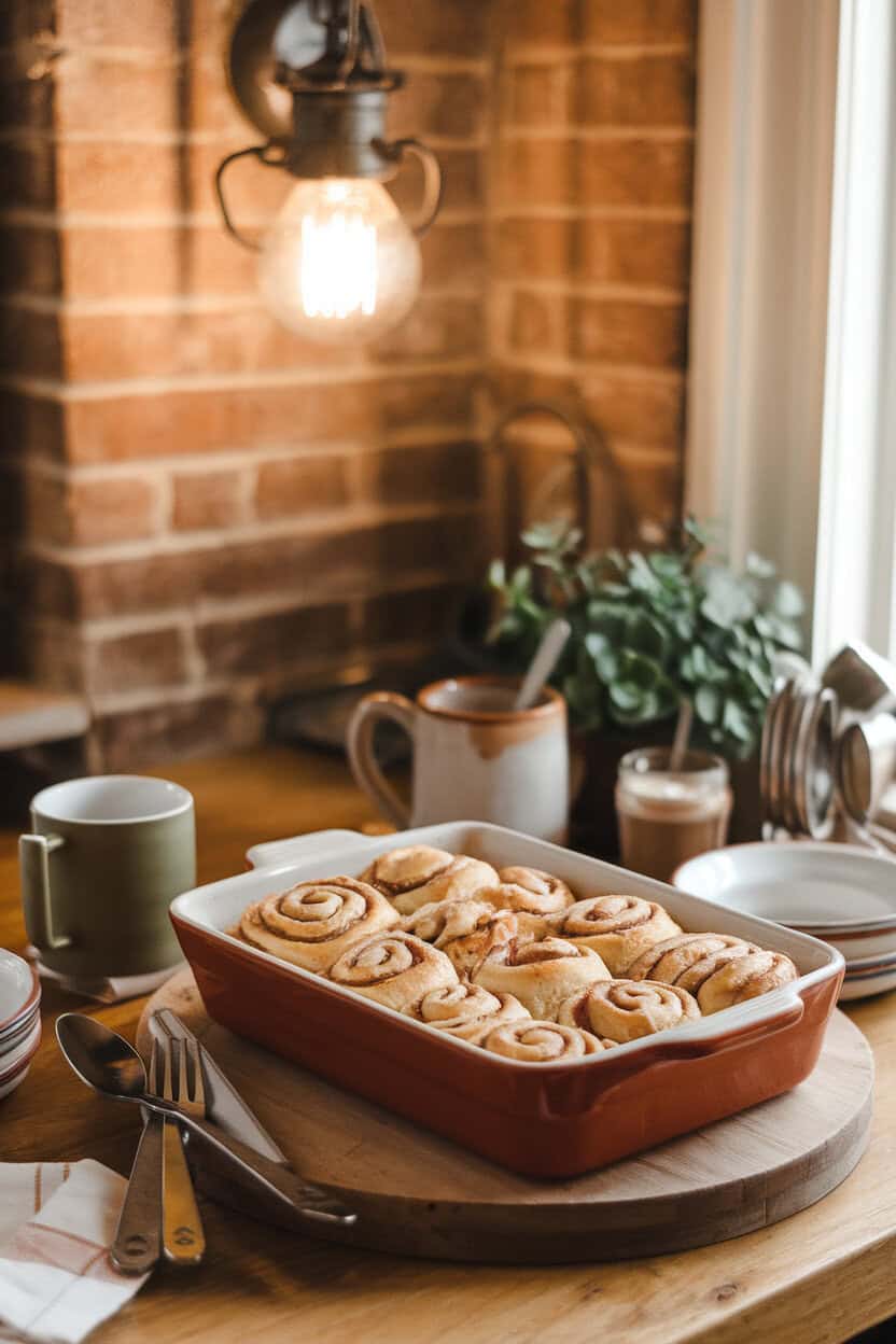 A warm indoor breakfast nook featuring a casserole dish of cinnamon roll bread pudding with cream cheese glaze. No text or logos.