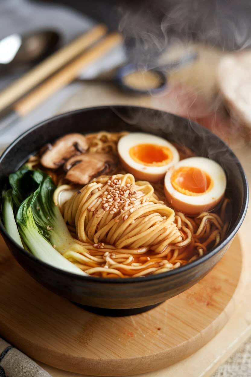 An indoor bowl of steaming ramen with miso broth, noodles twirled, topped with soft-boiled egg halves, sliced shiitake mushrooms, and bok choy. No text or logos. Photo, not illustration.