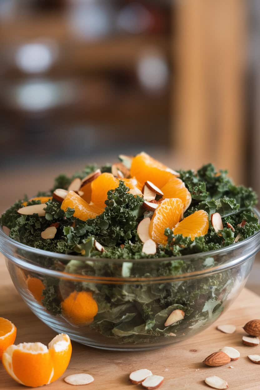 Indoor photo of chopped kale tossed with orange segments and sliced almonds in a salad bowl. No text or logos.