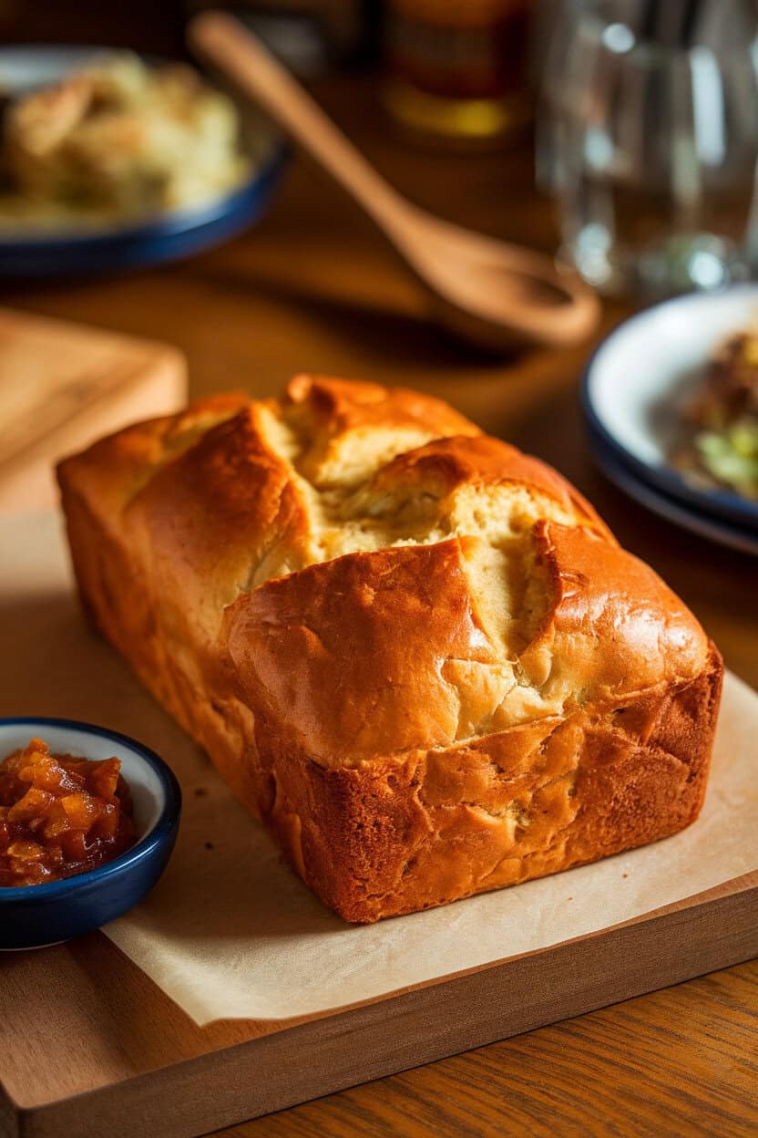 Indoor pub-style photo of a cheese and onion loaf, cheddar pockets visible, small dish of chutney beside it. No text or logos.