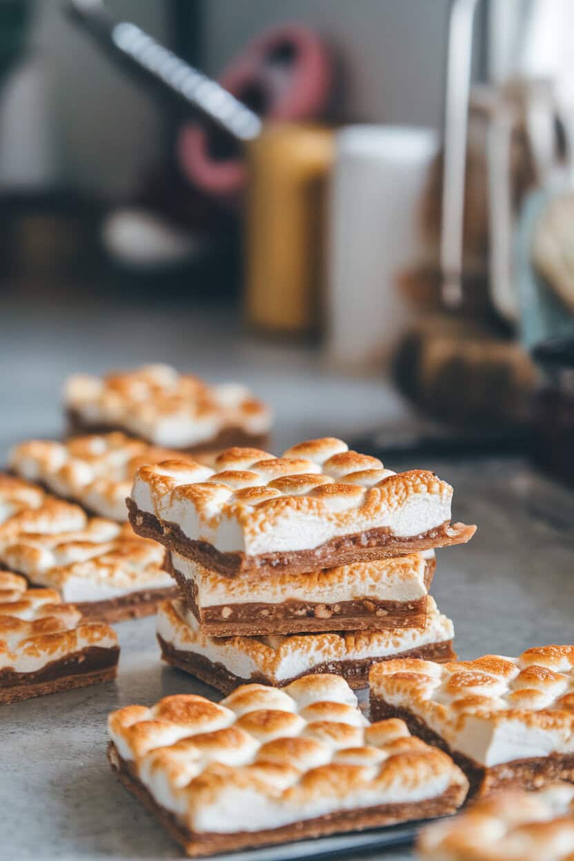 Indoor countertop photo of cracker toffee squares crowned with broiled marshmallow topping, edges caramelized. No text or logos.