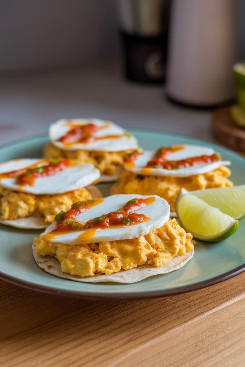 An indoor plate with small flour tortillas holding scrambled eggs, melted Brie slices, and salsa verde, lime wedges on the side. No text or logos. Photo only.