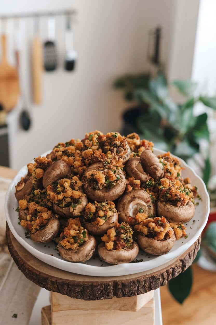 A white platter indoors filled with browned mushroom caps overflowing with herbed sausage and breadcrumbs, photographed from a slight overhead angle. No branding or text.