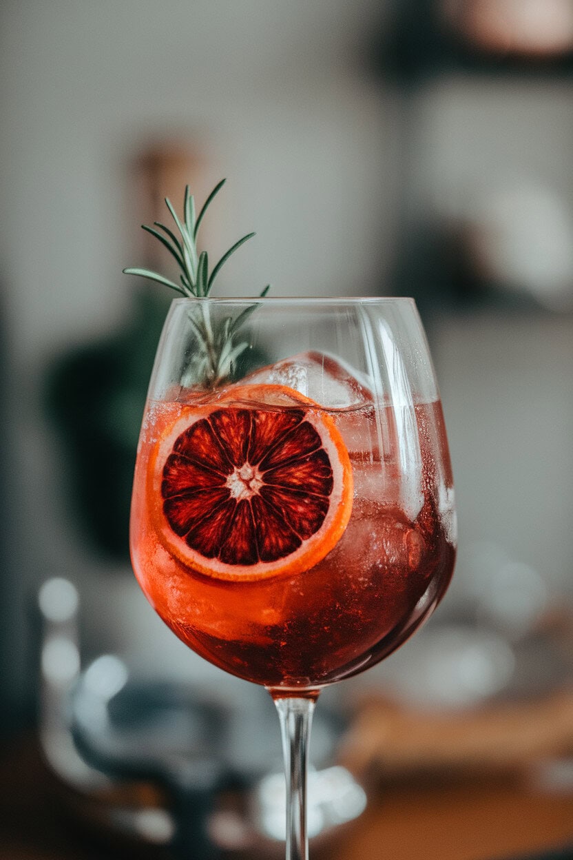 Photo of a stemmed wine glass indoors, deep orange-red spritz with blood orange slice, small rosemary sprig, ice cubes glistening. No text or logos.