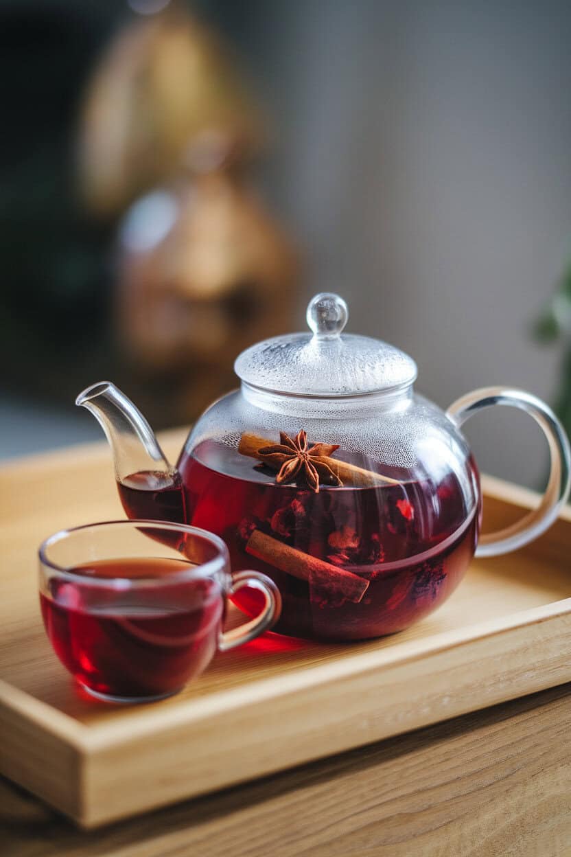 Indoor tea tray setup, clear teapot of deep crimson hibiscus tea, star anise and cinnamon stick inside, small matching cup beside; no logos