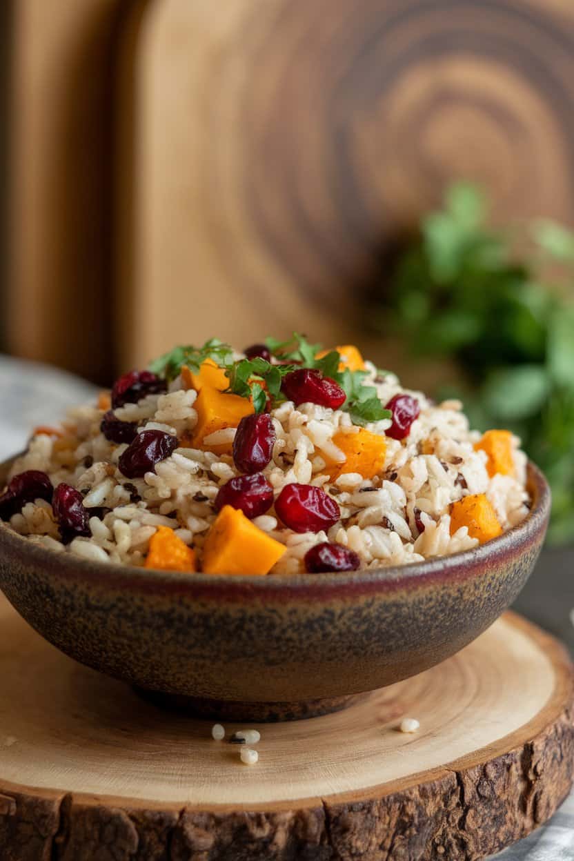 Indoor photo of steamy wild rice mixed with roasted fresh cranberries, diced butternut squash, and chopped parsley in a rustic serving bowl. No text or logos.