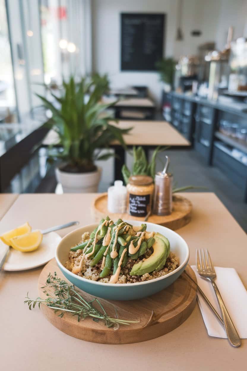 Indoor café table displaying a bowl of quinoa topped with roasted green beans, avocado slices, and lemon tahini drizzle; no text or logos